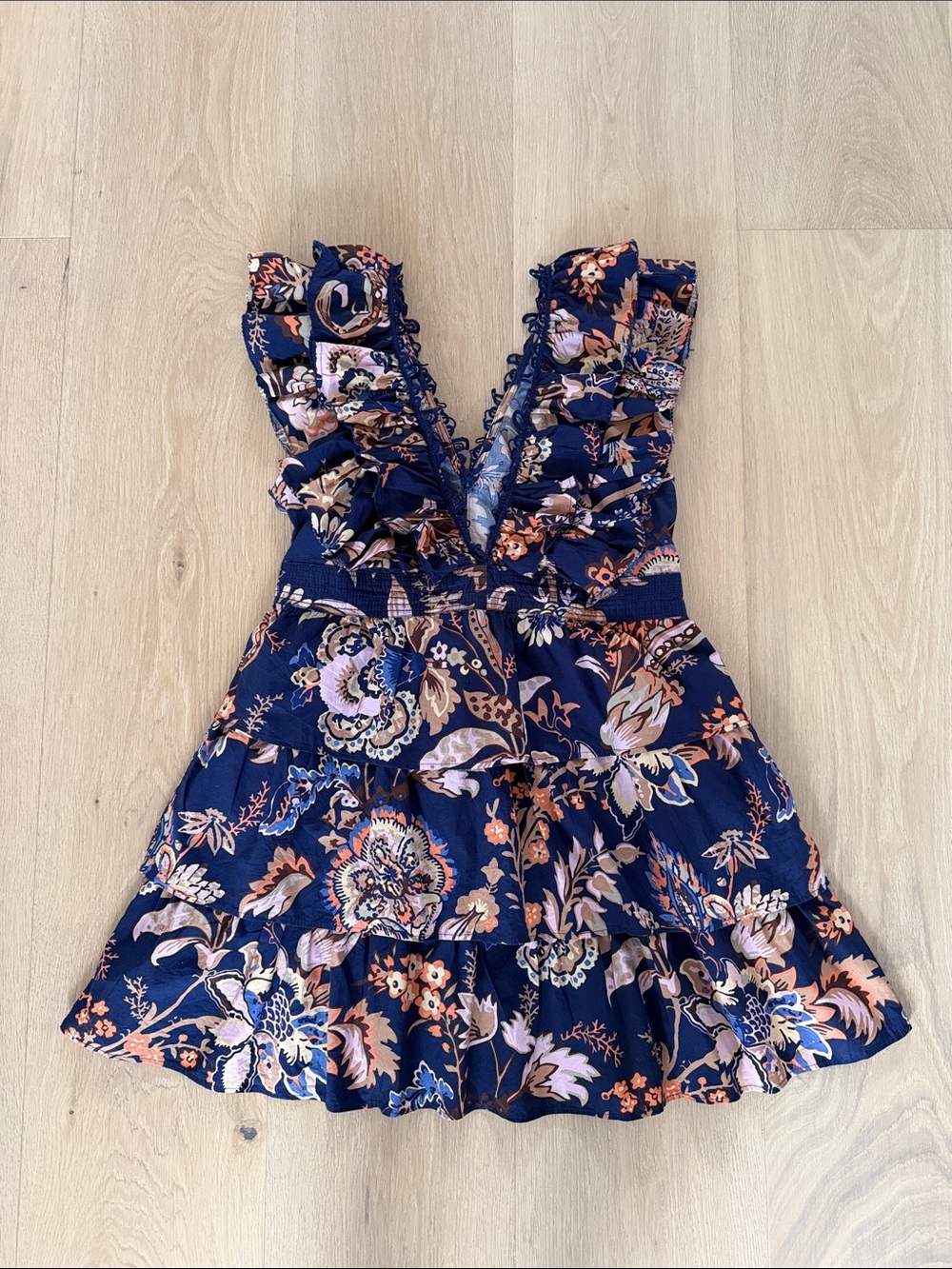 Anthropologie Navy Floral V-Neck Ruffle Tiered Dress